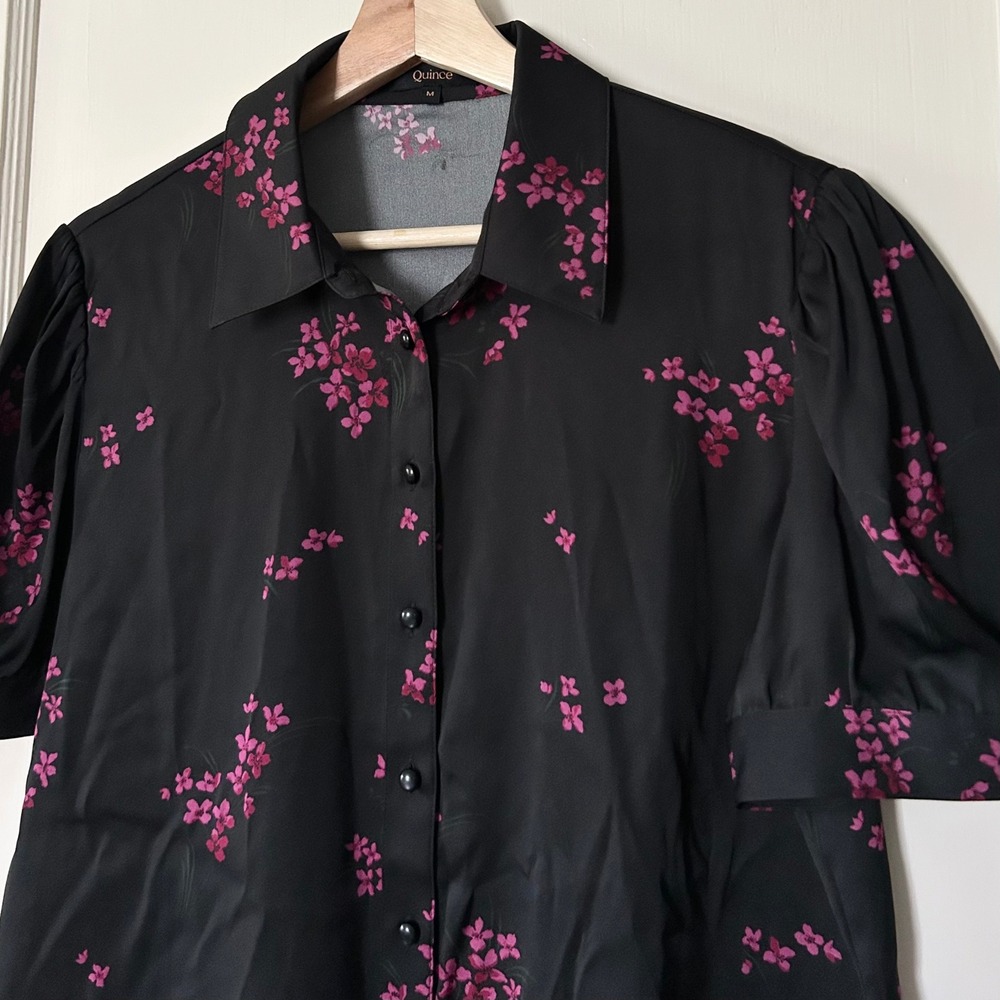 Quince Washable Stretch Silk Puff Sleeve Blouse Garnet Garden M Quiet Luxury - Picture 3 of 7